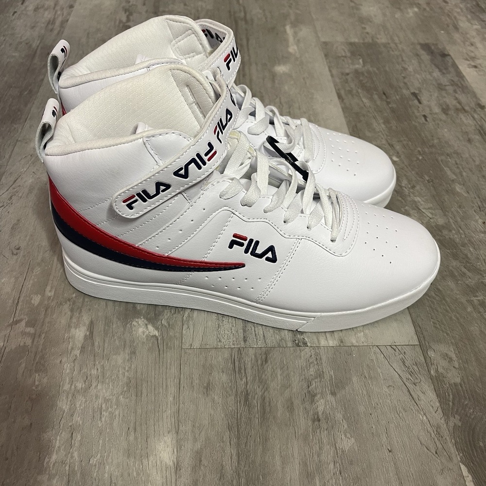 FILA Vulc Size 10 Faux Leather White Navy Red High Top Sneakers Men Shoes‎